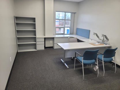 Custom gen2 office desk with overhead hutch and dark charcoal finish