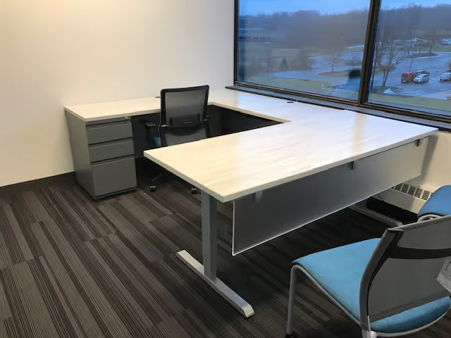 gen2 custom steel desk with light wood laminate top and white metal base