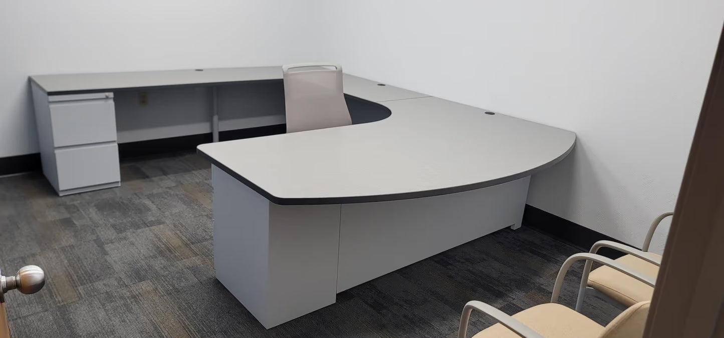gen2 custom steel desk with light laminate worksurface and filing cabinet
