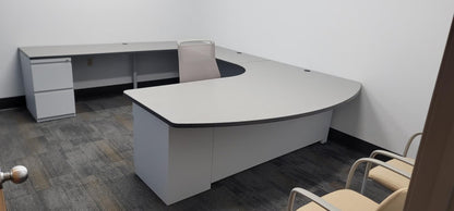 gen2 custom steel desk with light laminate worksurface and filing cabinet