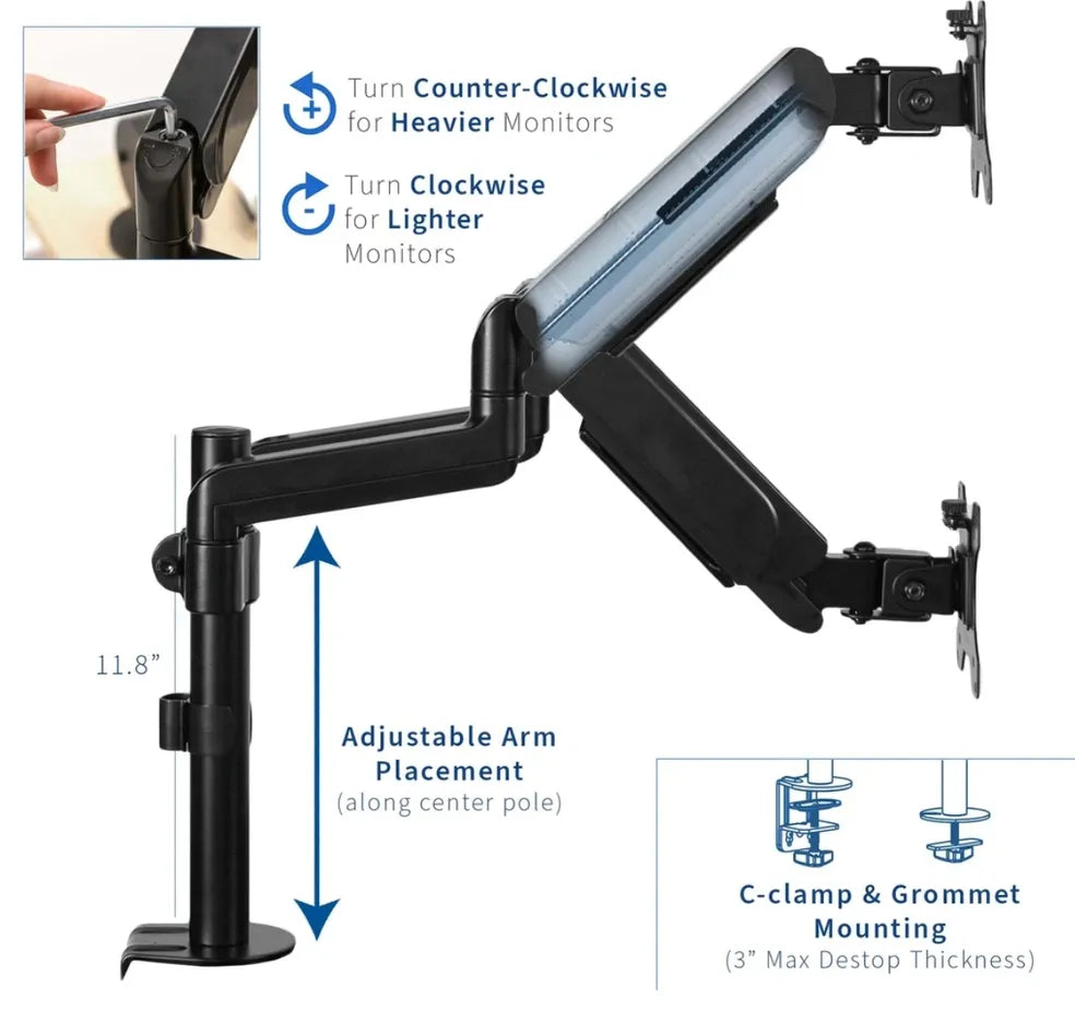 Black Dog Office Black Clamp-On Pneumatic Monitor Arm (single or dual monitor arm)