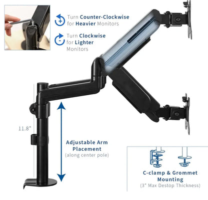 Black Dog Office Black Clamp-On Pneumatic Monitor Arm (single or dual monitor arm)