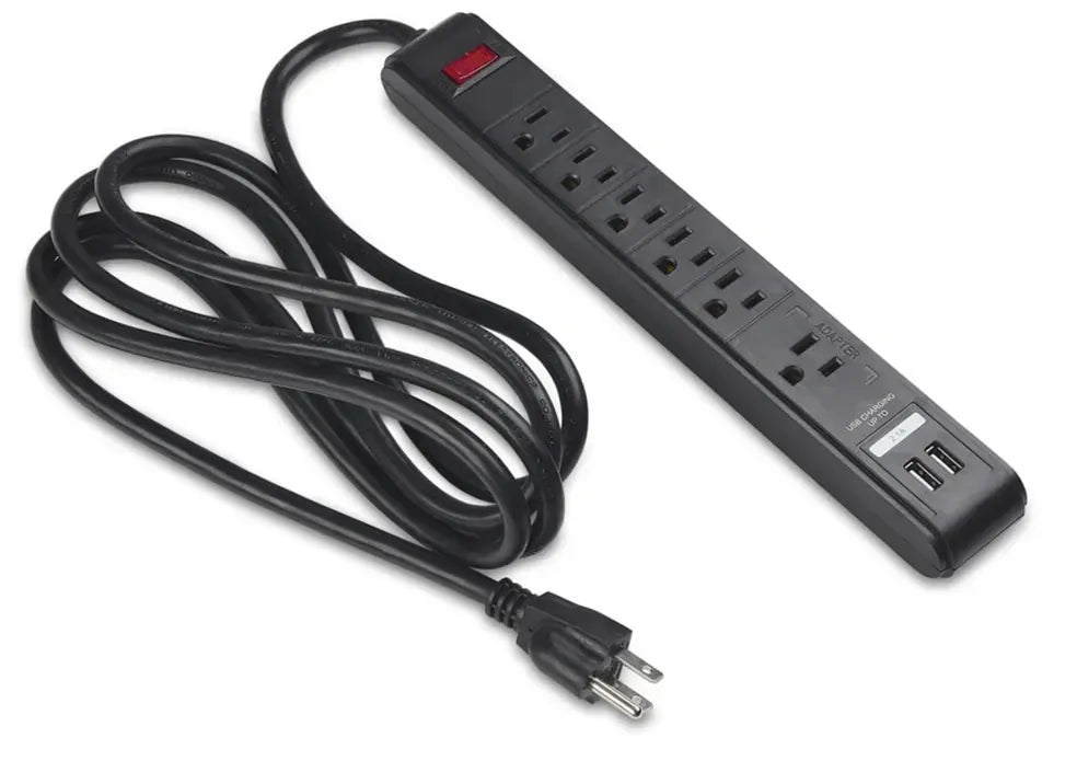Black Dog Office Six AC Outlet Desktop Power Strip with 2 USB Charging Ports