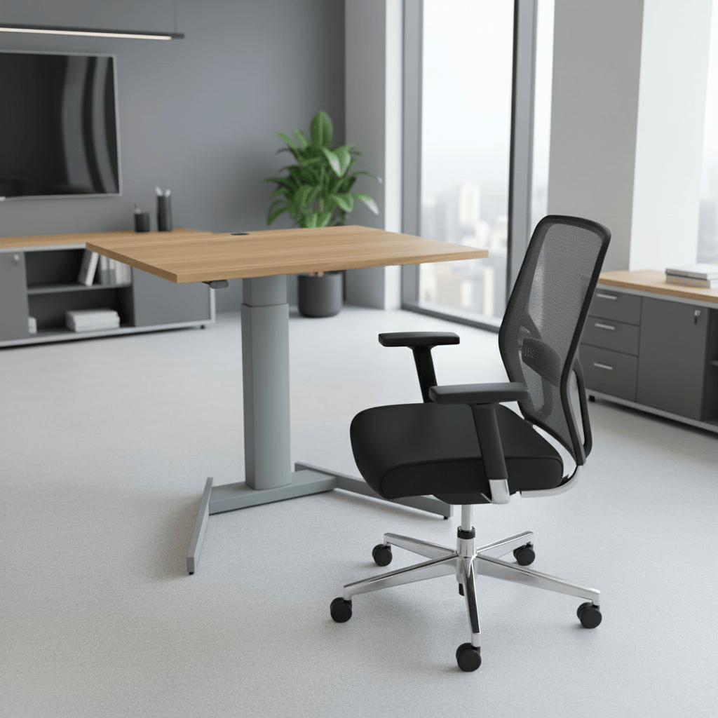 ConSet Black Electric Adjustable Desk, 47 1/4" x 31 1/2", Silver V base with Walnut Top