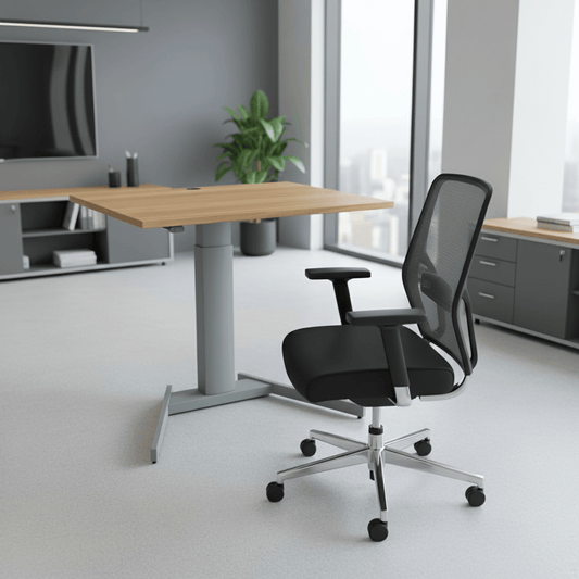 ConSet Black Electric Adjustable Desk, 47 1/4" x 31 1/2", Silver V base with Walnut Top