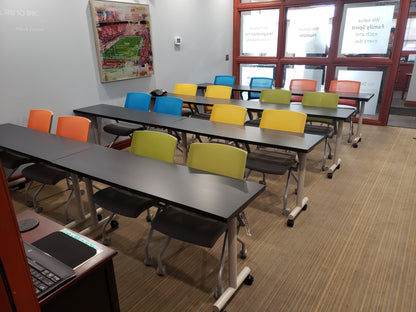 Custom training room furniture with gen2 moveable tables in row configuration